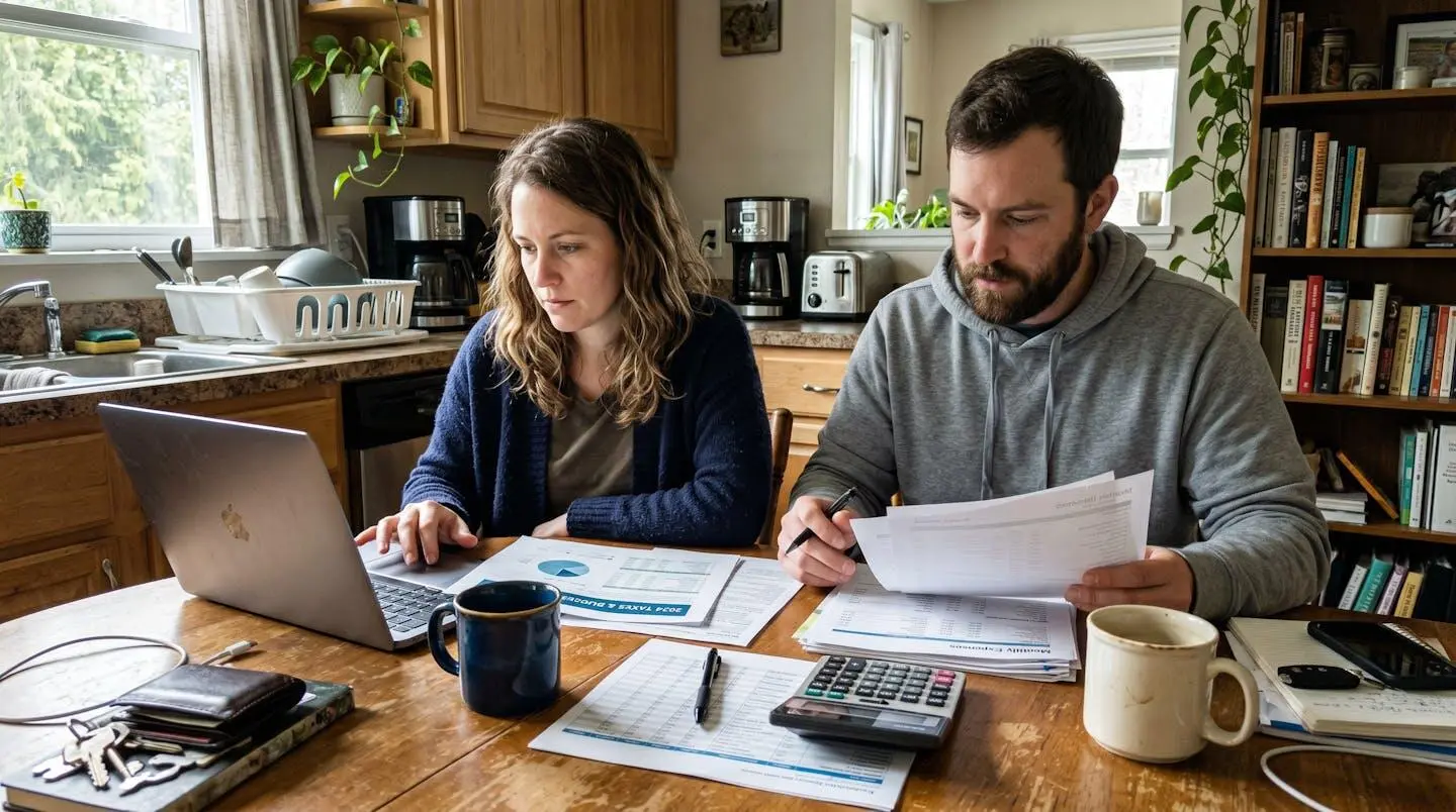Un couple assis à une table de cuisine consulte des documents financiers et un ordinateur portable, lumière naturelle de fenêtre, expression concentrée