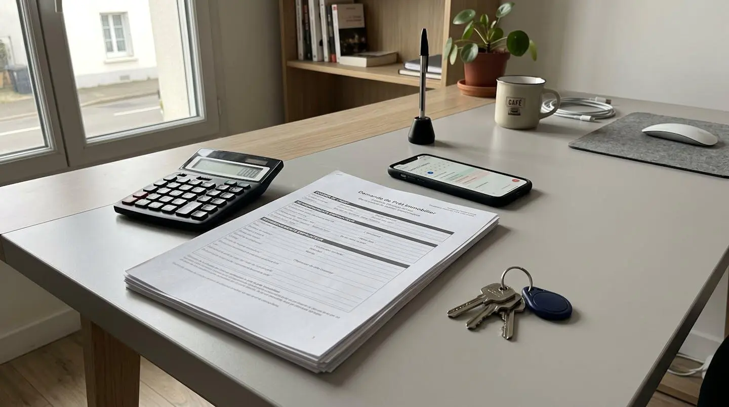 Gros plan sur des mains signant un document de prêt immobilier, avec une calculatrice et un trousseau de clés posés sur une table en bois clair
